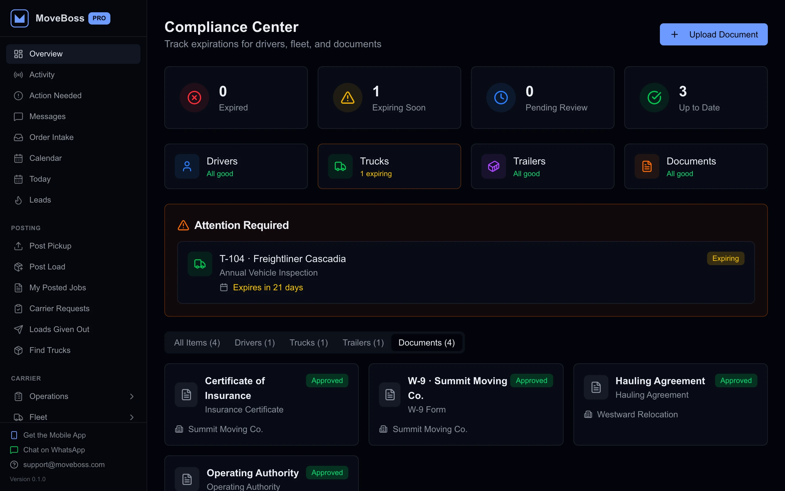 MOVE BOSS compliance center highlighting an annual vehicle inspection that expires in 21 days