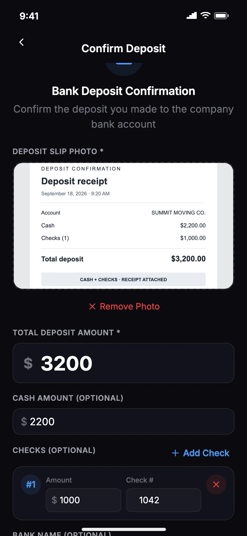 Driver bank deposit in MOVE BOSS