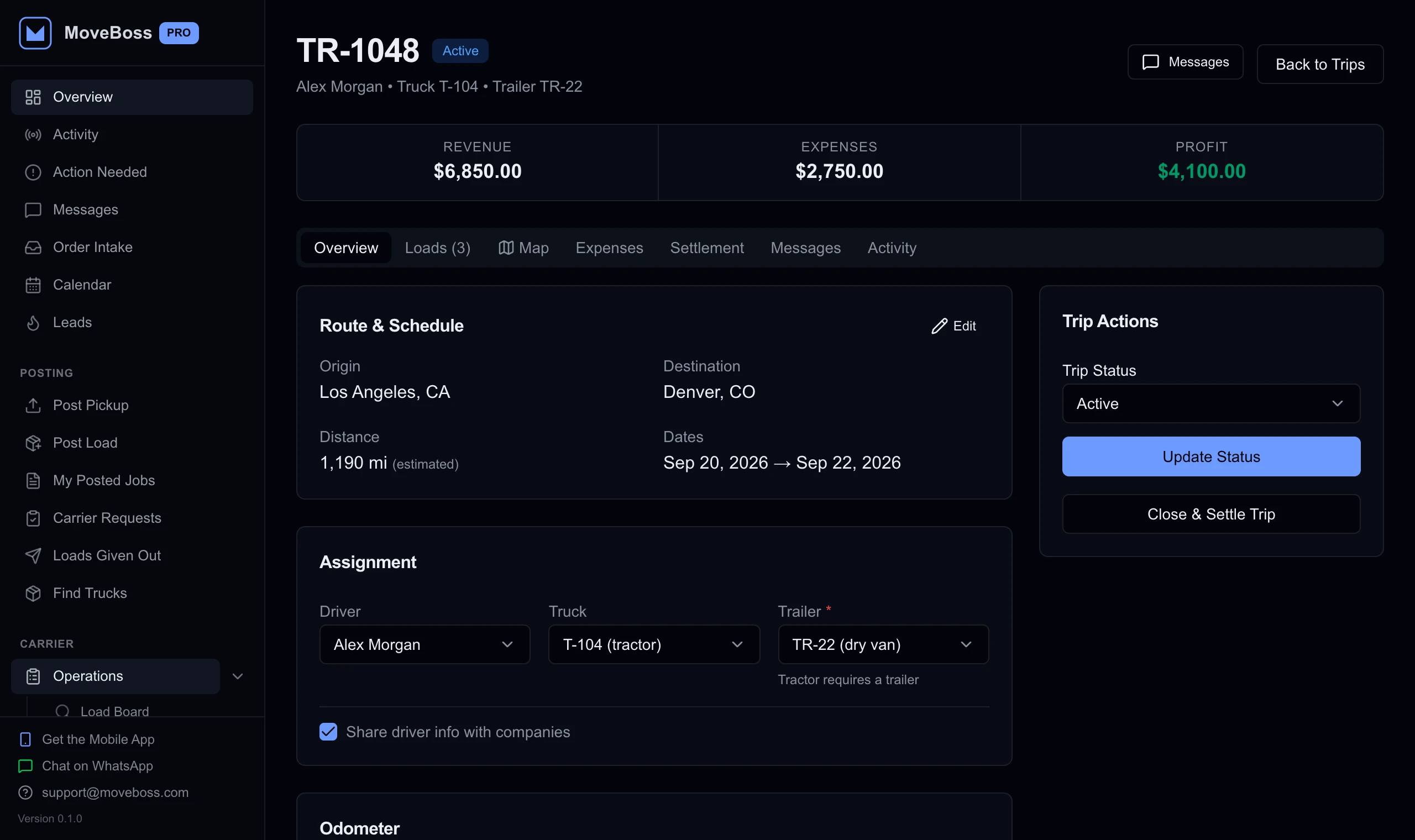 Trip overview in MOVE BOSS
